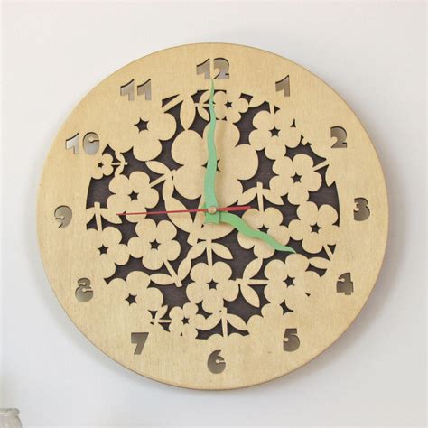 Wooden Wall Clock Laser Cut Flowers Ø 30cm By Thewoodentractor