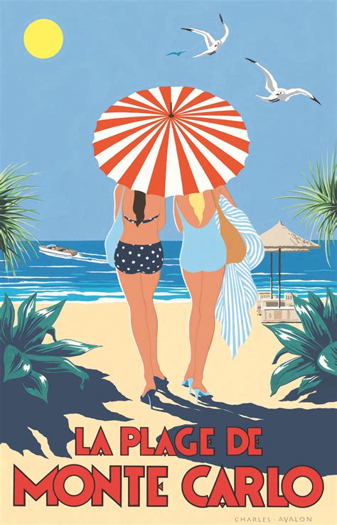 Art Deco Style Travel Poster La Plage De Monte Carlo Artist Charles
