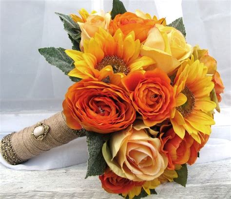 Silk Bridal Wedding Bouquet Sunflowers Yellow Roses Orange
