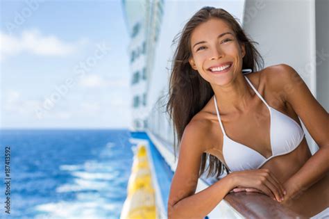 Cruise Ship Caribbean Travel Vacation Asian Woman Tourist In Bikini