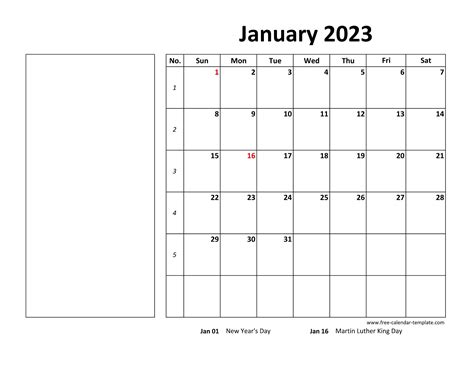 printable january 2023 calendar box and lines for notes free calendar