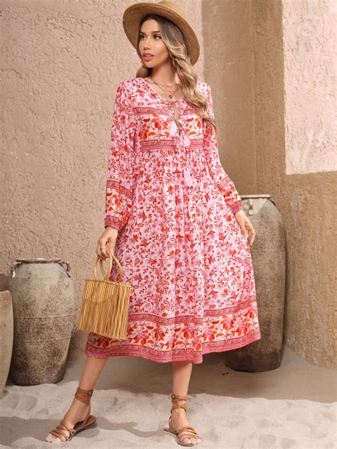 Rvivimos Womens Long Sleeves Floral Print Retro V Neck Tassel Casual