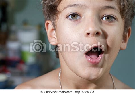 Boy Make Faces Amazing Emotion Closeup Portrait Amazed 7 Years Old