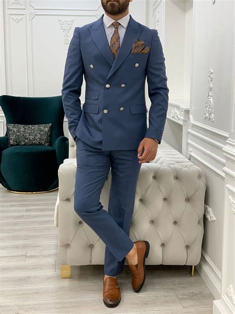 Blue Slim Fit Double Breasted Suit For Men