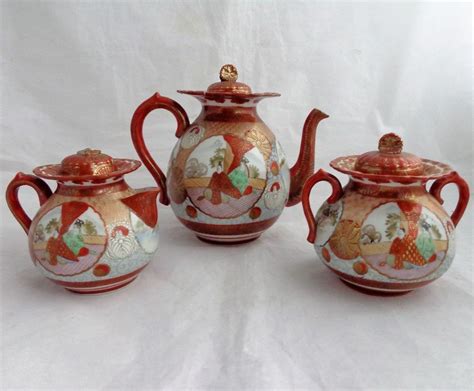 Antique Japanese Tea Set Meiji Kutani Porcelain Moriage Hand Painted C