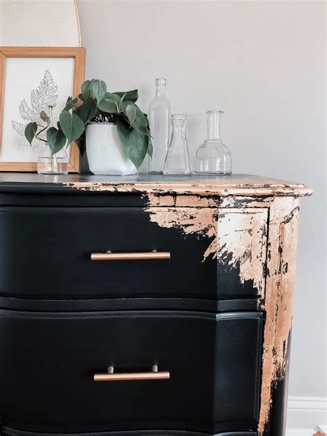 This vintage dresser was found on facebook market and restored with a black and gold concept. Black and Gold Leaf Dresser in 2020 | Gold leaf furniture, Gold dresser, Country chic paint