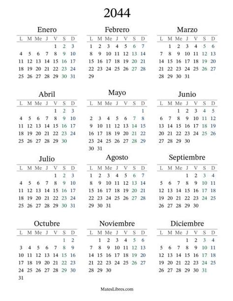 Calendario Del Año 2044 Con El Lunes Com Primer Día 2044