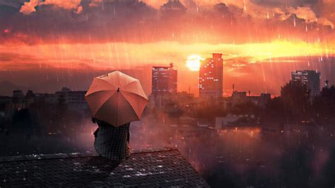 Download Wallpaper 1366x768 Roof Rain Umbrella Night Sky Solitude