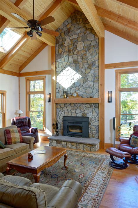 Stone Fireplace In A Modern Post And Beam House With Vaulted Ceiling