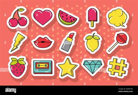 pop art comic set of stickers pins patches flat icons vector illustration stock vector image