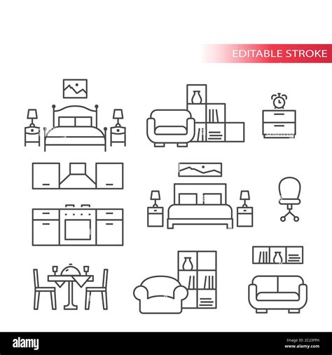 Furniture Interior Home Design Thin Line Icon Set Living Room Bedroom