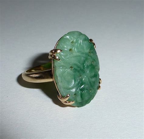 14k Yellow Gold Carved Jade Ring From Bejewelled On Ruby Lane