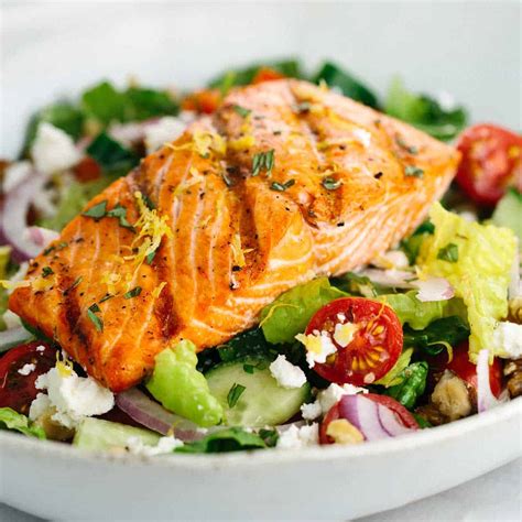 Grilled Salmon Greek Salad With Lemon Basil Dressing Jessica Gavin