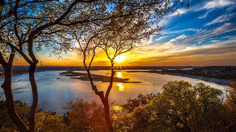 Orange Dusk At A Lake Bay Trees Sky Water Orange Dusk Lake