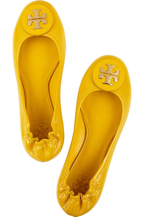 Tory Burch Reva Tumbled Patent Leather Ballet Flats In Yellow Lyst