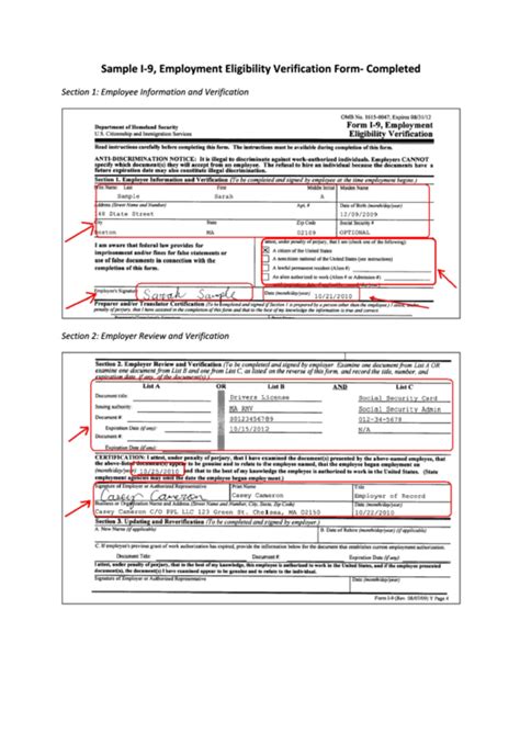 Sample I 9 Employment Eligibility Verification Form Completed