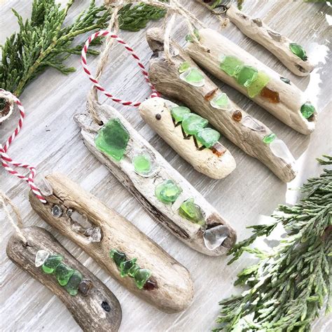 Driftwood Ornaments With Sea Glass Set Of Seven Free Shipping Sea Glass Crafts Beach Glass