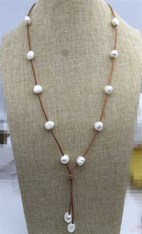 Freshwater Pearl And Leather Lariat Necklace Light Brwon Etsy
