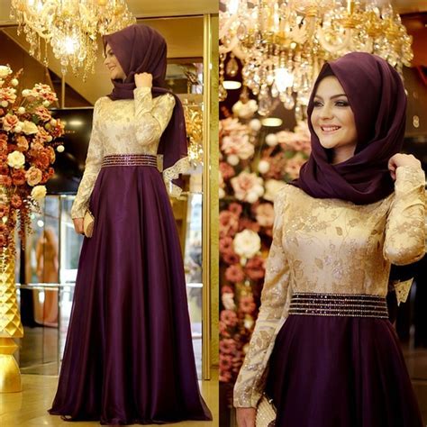 Buy Long Sleeve Muslim Prom Dress Bow Purple Lace Dubai Moroccan Kaftan Hijab