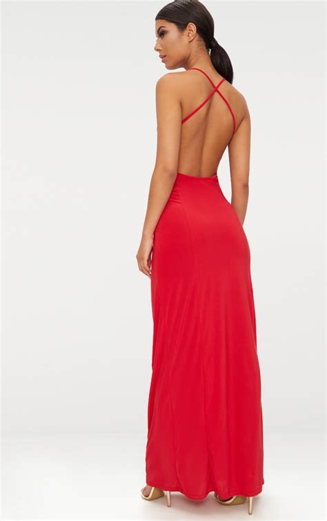 Red Slinky Backless Strappy Plunge Maxi Dress Prettylittlething