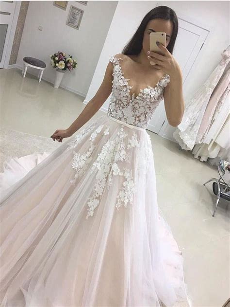 A Line See Through White Lace Appliqued Wedding Dresses With Train Swd0029 Online Wedding