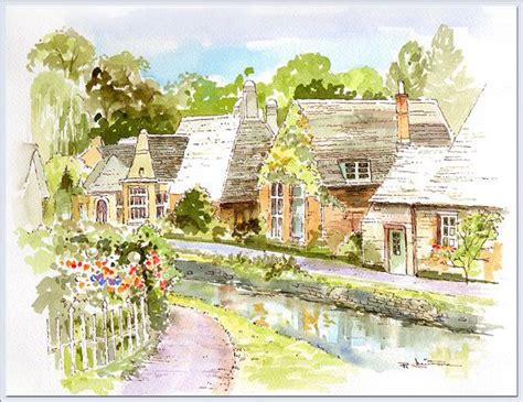 Cotswolds Cottages Watercolor Painting Quaint Village Uk England