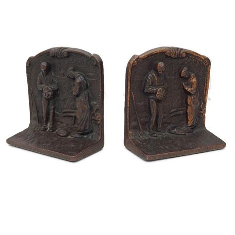 Antique Cast Iron Metal Bookend Pair By Verona Farmers Praying Harvest