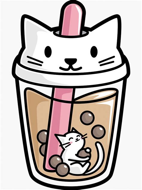 Bubble Tea With White Cute Kawaii Cat Inside Sticker By Bobateame