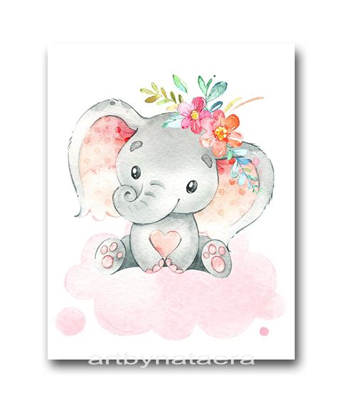 Pink Gray Elephant Poster Nursery Artwork Elephant Wall Etsy Elephant