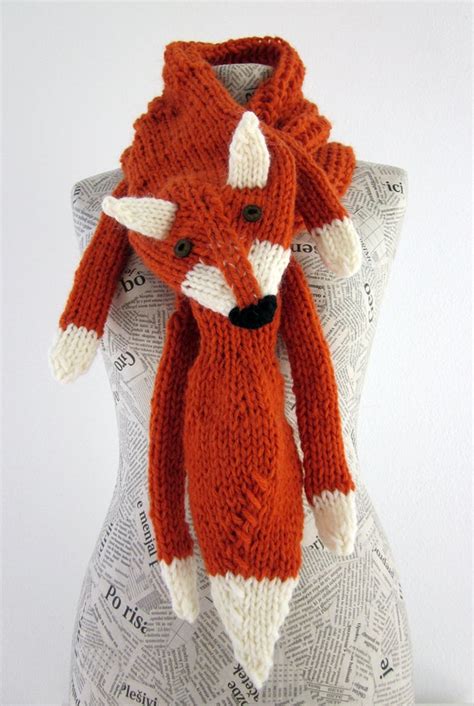 Hand Knit Fox Scarf In Red Orange With Polymer Clay Buttons