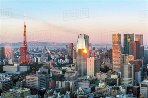 Elevated Evening View Of The City Skyline And Iconic Tokyo Tower Tokyo