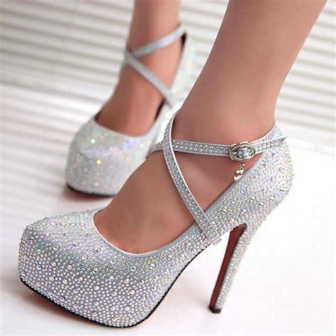 2017 women high heels prom wedding shoes lady crystal platforms silver glitter rhinestone bridal