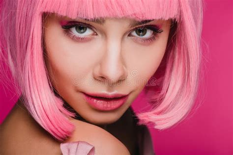 Beautiful Girl Posing In Pink Wig For Fashion Shoot Isolated Stock