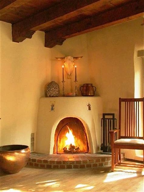 Southwestern Style Corner Adobe Fireplace With Raised