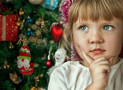 Little Child Girl Near Christmas Tree Happy New Year Stock Image