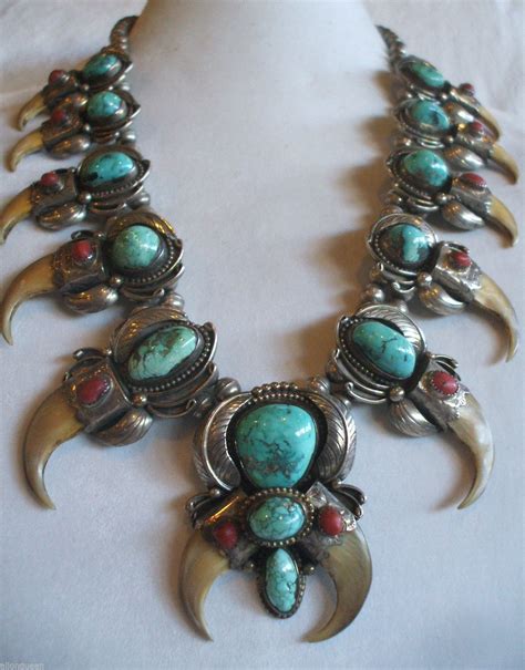 Vintage Navajo Sterling Silver Turquoise And Coral Squash Blossom