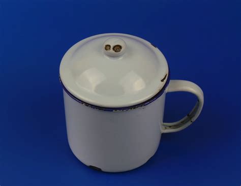 Vintage White Enamel Cup With Handle And Lid Vintage Enamel Etsy Uk