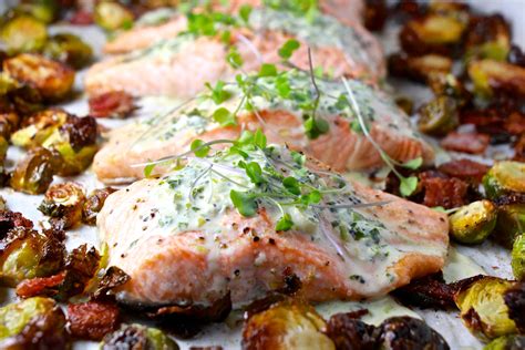 Sheet Pan Green Goddess Salmon With Bacony Brussels Sprouts This Was