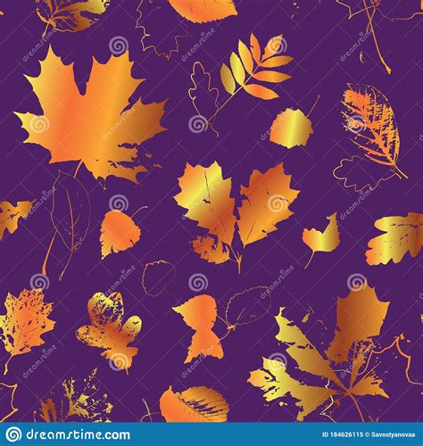 Golden Autumn Leaves On Purple Background Seamless Pattern Stock