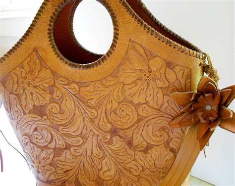 Vintage Hand Tooled Leather Bag Purse Tote In Warm Chestnut Etsy