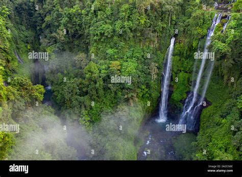 Huge Water Fall Iin Dense Tropical Rainforest On The Island Of Bali