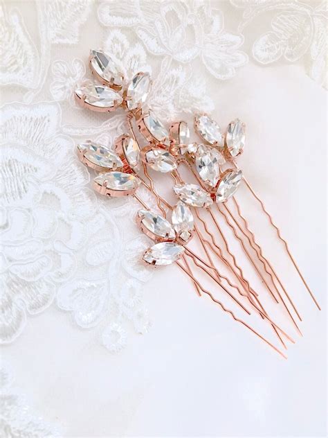 Rose Gold Hair Pins Swarovski Rhinestone Hairpins Bridal Etsy