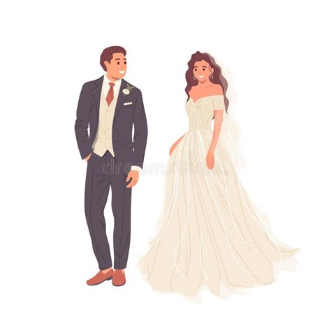 Elegant Bride And Groom Couple Newlyweds Cartoon Character Wearing Trendy Fashion Bridal Outfit