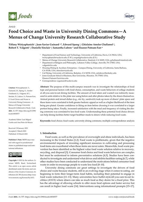 Pdf Food Choice And Waste In University Dining Commonsa Menus Of Change University Research