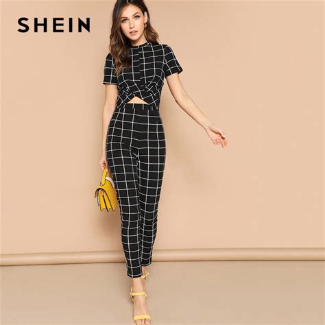 Shein Twist Front Grid Crop Top And Skinny Pants Matching Set Women