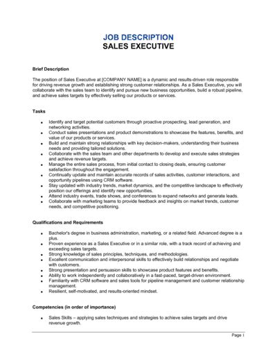 Sales Executive Job Description Template Business In A Box