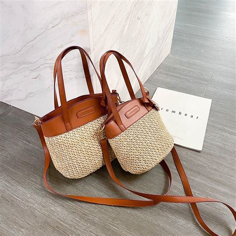 Women Straw Bucket Bags Pu Leather Shoulder Bags New Etsy