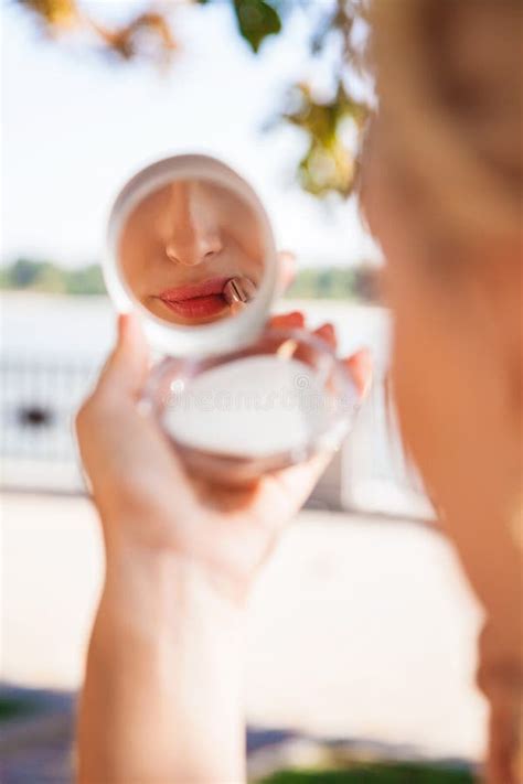 Girl Looks In The Mirror And Paints Her Lips Stock Image Image Of Looks Lady 158484779