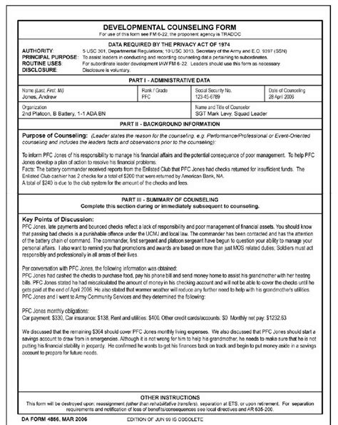 Army Counseling Form 4856 Da Form 4856 Financial