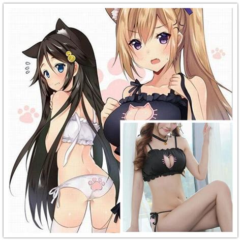 Sukumizu Bikini Adult Anime Sexy Cosplay Cat Maid Halter Split Bathing
